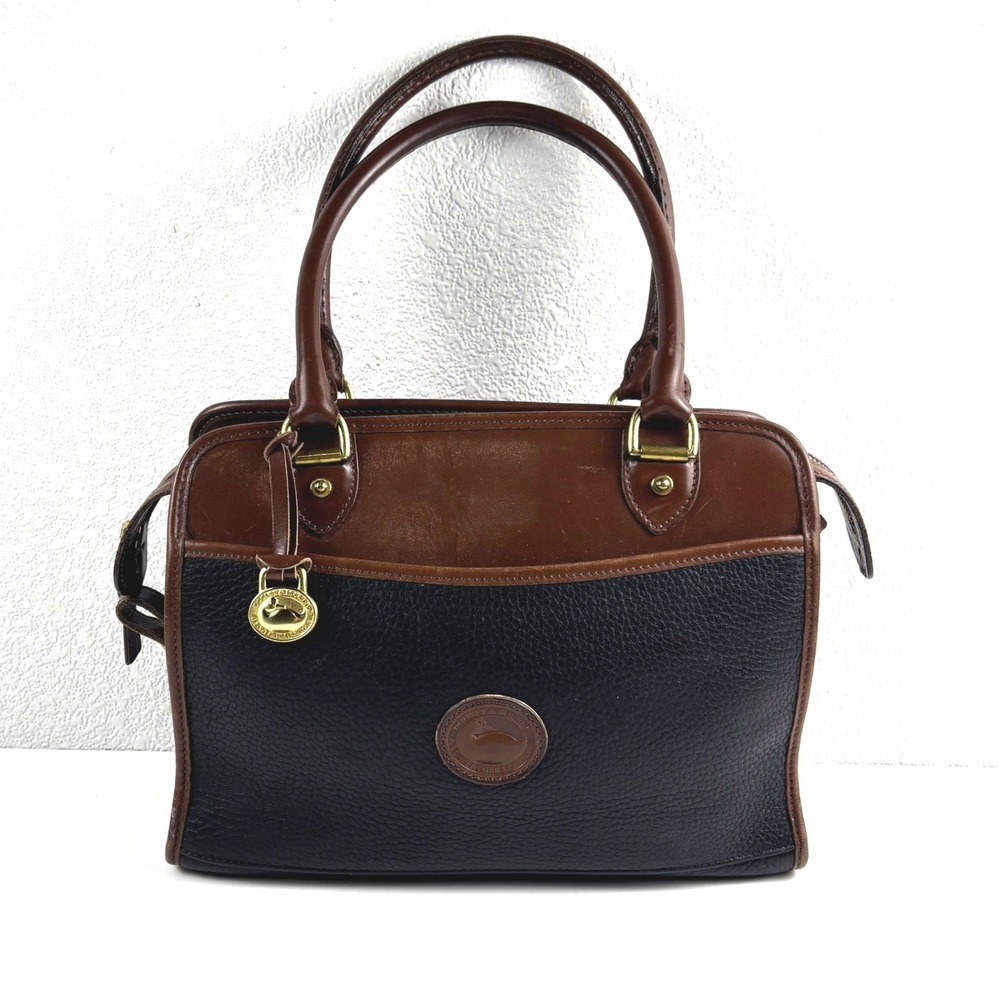 Dooney & Bourke Satchel Womens Medium Navy Tan Good All Weather Leather Vintage